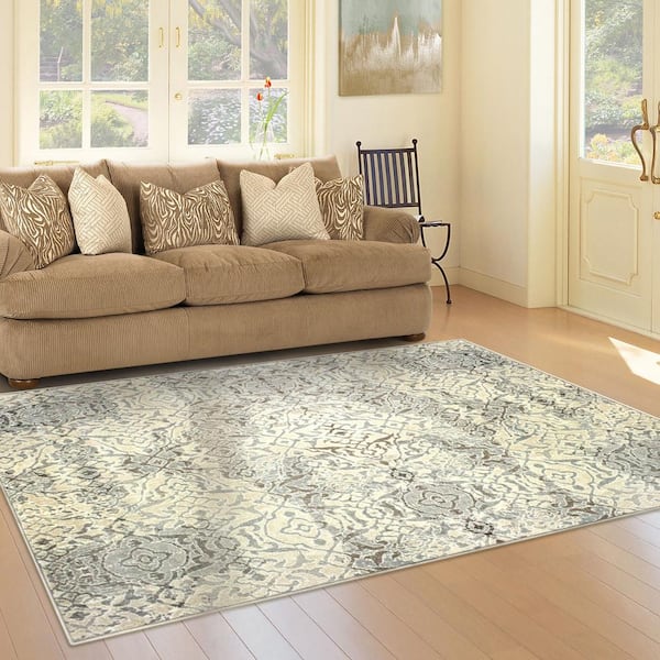Corbin Beige 8 ft. x 10 ft. Traditional Damask Polypropylene Area Rug