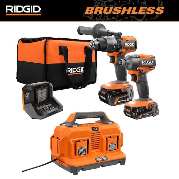RIDGID 18V Brushless Cordless 2-Tool Combo Kit w/ (2) Batteries, Charger, Bag, & 6-Port Charger