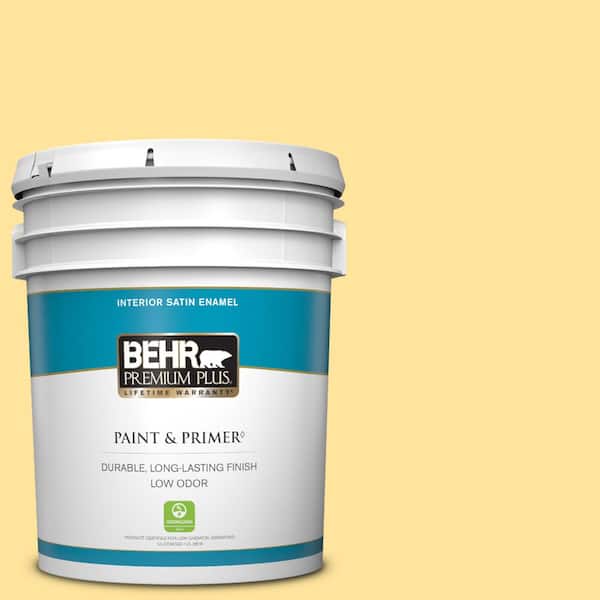 BEHR PREMIUM PLUS 5 gal. #340B-4 Lemon Drops Satin Enamel Low Odor Interior Paint & Primer