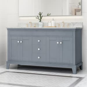 61 in. W x 22 in. D x 40 in. H Double Sink Freestanding Bath Vanity in Gray with Marble Top (No Assembly Required)