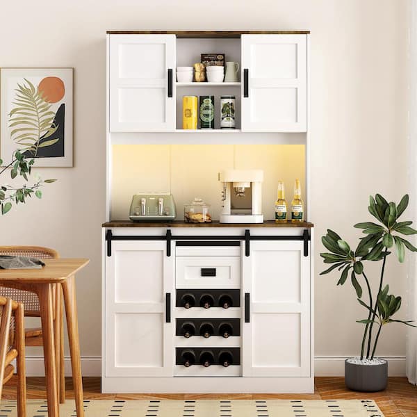 72.04 in. H Farmhouse Coffee Bar Pantry Organizer Buffet in White with Sliding Barn Door