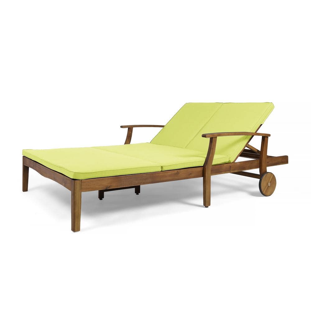 Scandinavian Teak Brown Double Chaise Lounger with Green Cushions