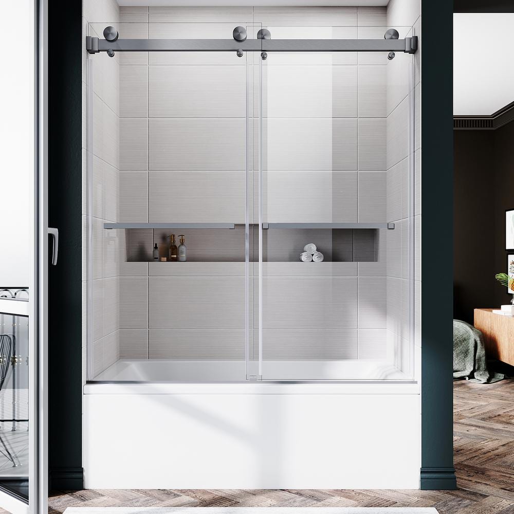 UNIKOO UKD01 56 to 60 in. W x 66 in. H Double Sliding Frameless Bathtub ...