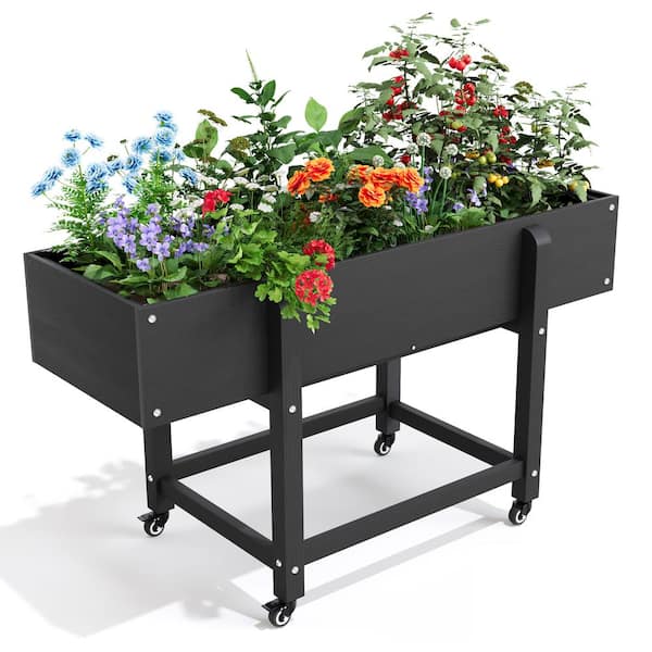 LUE BONA 48 in. x 16.7 in. x 28 in. Black Plastic Raised Garden Bed with Lockable Wheels, Liner