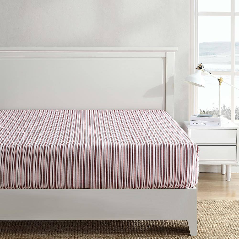 Queen Red Stripe Cotton Percale Fitted Sheet