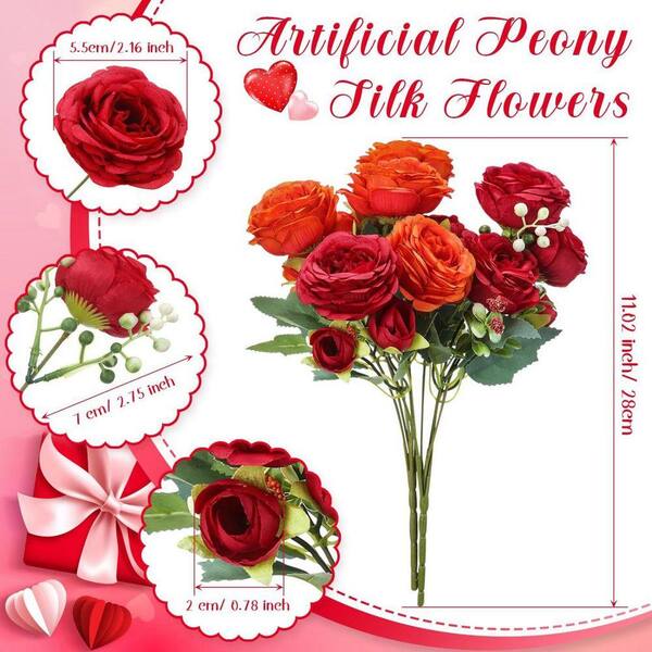 11 in. Orange Indoor Artificial Peony Flowers Fake Silk Peony