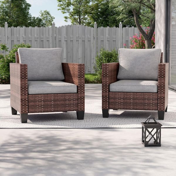 2-Pack Brown Wicker Patio Outdoor Single Sofa with Linen Grey Cushion