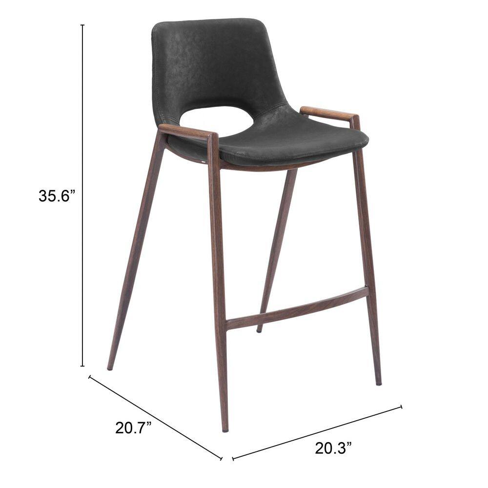 Black Leather and Walnut Wood Counter Stools, Set of 2