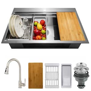 Handmade All-in-One 30 in. x 22 in. Drop-in Single Bowl Stainless Steel Workstation Kitchen Sink with Pull-down Faucet