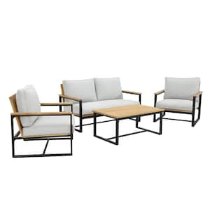 Venus Bay 4-Piece Acacia Wood with Metal Patio Conversation Set with Gray Cushions