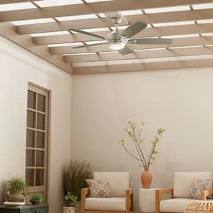 Tranquil WeatherPlus 56 in. Outdoor Brushed Nickel Downrod Mount Ceiling Fan with Integrated LED with Remote Control