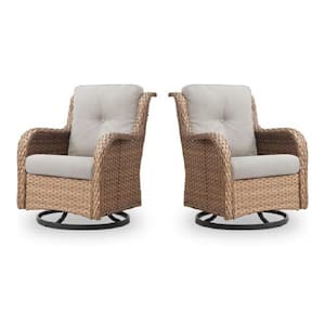 2-Piece Brown Wicker Swivel Outdoor Rocking Chair with Beige Cushion, UV-Resistant, High Back and 350 lb. Capacity