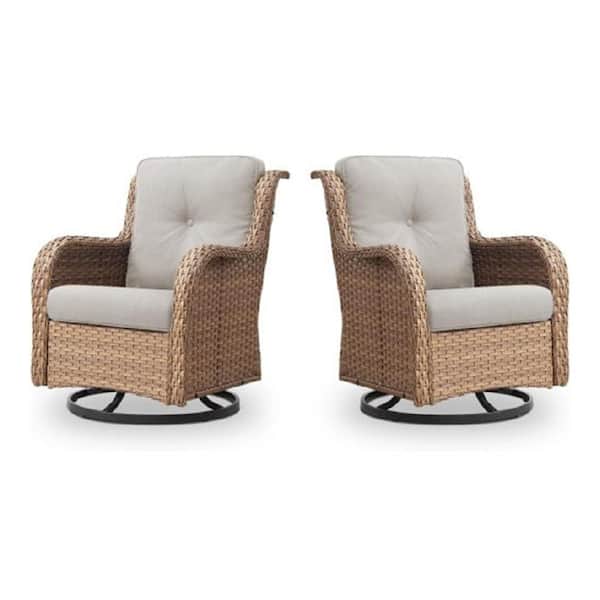 2-Piece Brown Wicker Swivel Outdoor Rocking Chair with Beige Cushion, UV-Resistant, High Back and 350 lb. Capacity