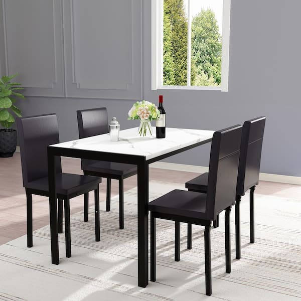 Angel Sar 5 Piece Wood Top White Faux Marble Dining Table Set With 4 Black Pu Leather Chairs Ws00235783 Faux Marble Dining Table Set, Faux Marble Dining Table Set For 4