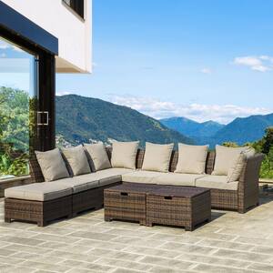 9-Piece Outdoor All-Weather Wicker Sectional Patio Conversation Set with Brown Cushions