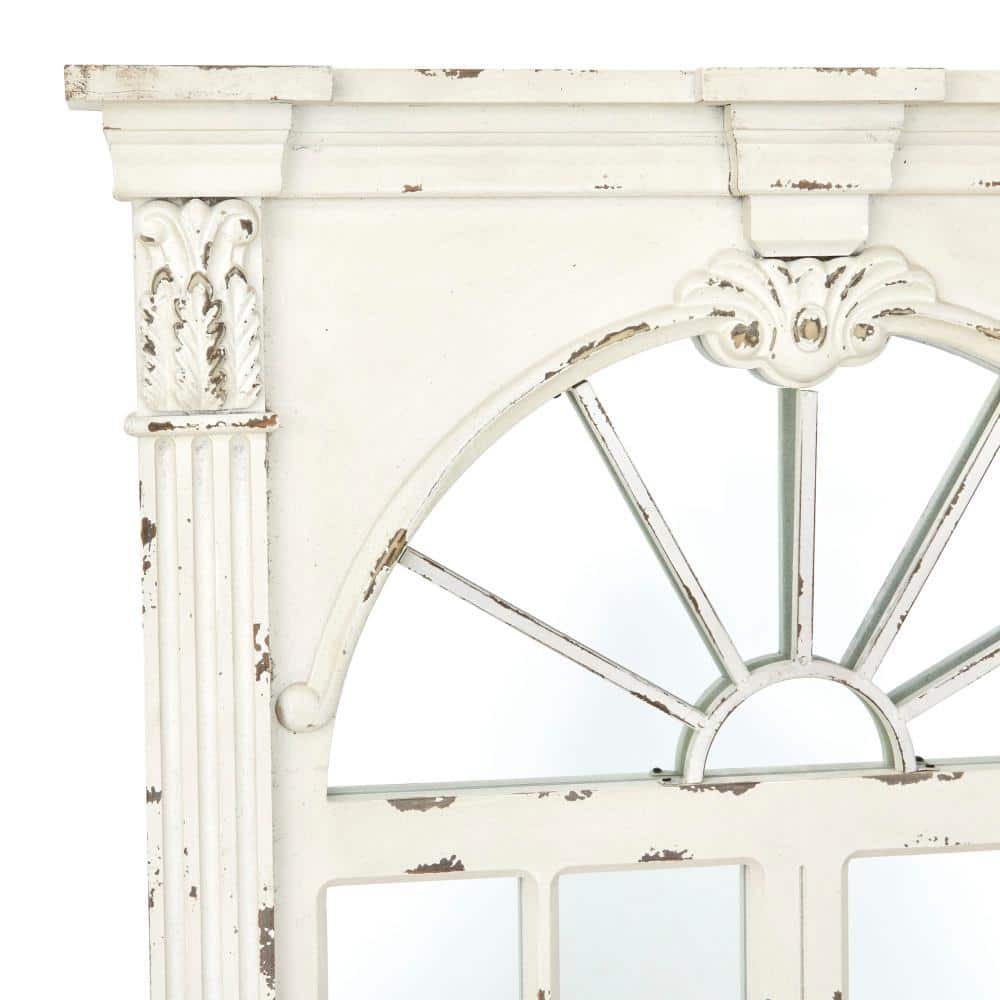 Cream Wood Windowpane Arched Wall Mirror with Distressed Finish