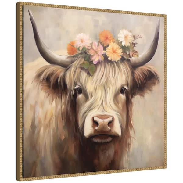 Sylvie "Adorable Floral Boho Highland Cow" by The Creative Bunch Studio Beaded Natural Framed Art Print 30 in. x 30 in.