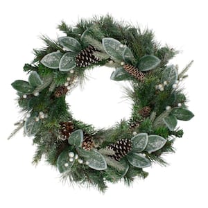 24 in. Unlit Frosted mixed Pine and Glitter White Berry Artificial Christmas Wreath