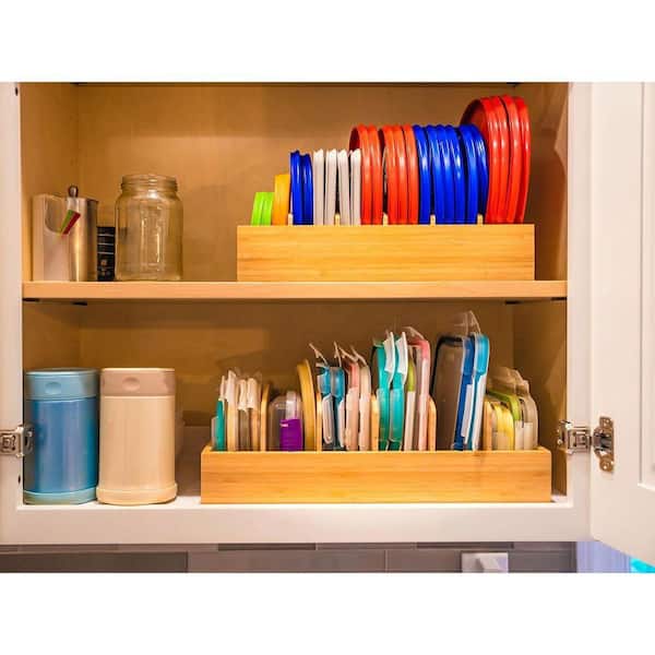 Bamboo Kitchen Cabinet Lid Organizer Drawer Organizer with Adjustable Dividers and Anti-Skid Silicone Feet