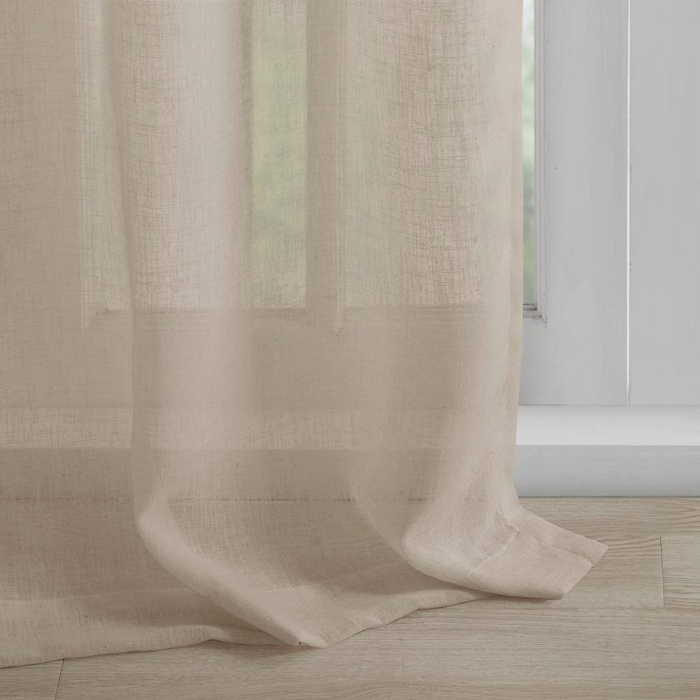 Linen Tab Top Sheer Curtain Panel with Floral Embellishments