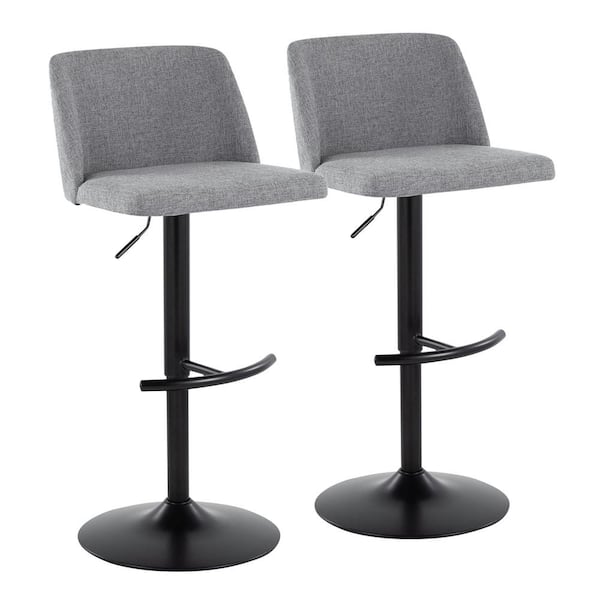 Lumisource Toriano 33 in. Grey Fabric and Black Metal Adjustable Bar Stool with Rounded T Footrest (Set of 2)