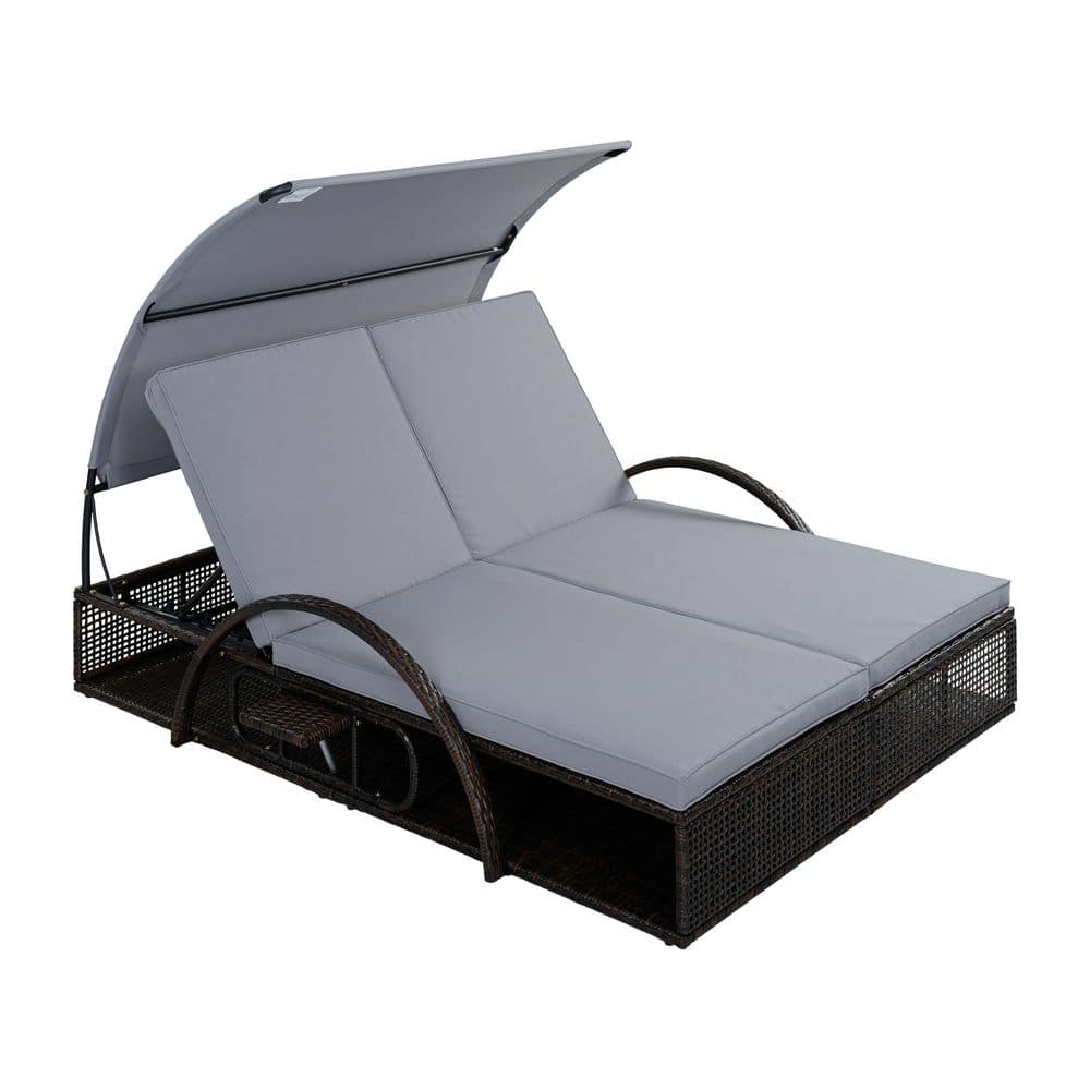 Metal Outdoor Double Chaise Lounge with Gray Cushions Adjustable Backrest, Hidden Side Table and Arched Armrests price history on PriceWatchPro