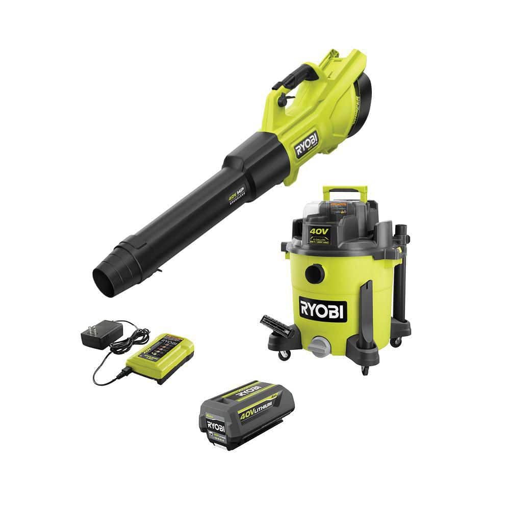 RYOBI 40V 10 Gal. Cordless Wet/Dry Vacuum with 40V HP Brushless Whisper Series Leaf Blower, 4.0 Ah Battery, and Charger, Greens