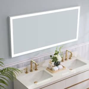 60 in. W x 28 in. H Large Rectangular Heavy Duty Framed Wall Mount LED Bathroom Vanity Mirror in White, Anti-Fog, Plug