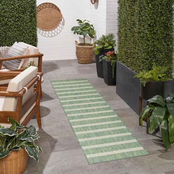 Positano Blue Green Ivory 2 ft. x 10 ft. Stripes Contemporary Runner Area Rug