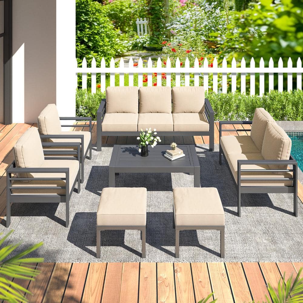 7-Piece Black Aluminum Outdoor Sectional Set with Beige Cushions, Patio Furniture Set, Outdoor Sofa Set price history on PriceWatchPro