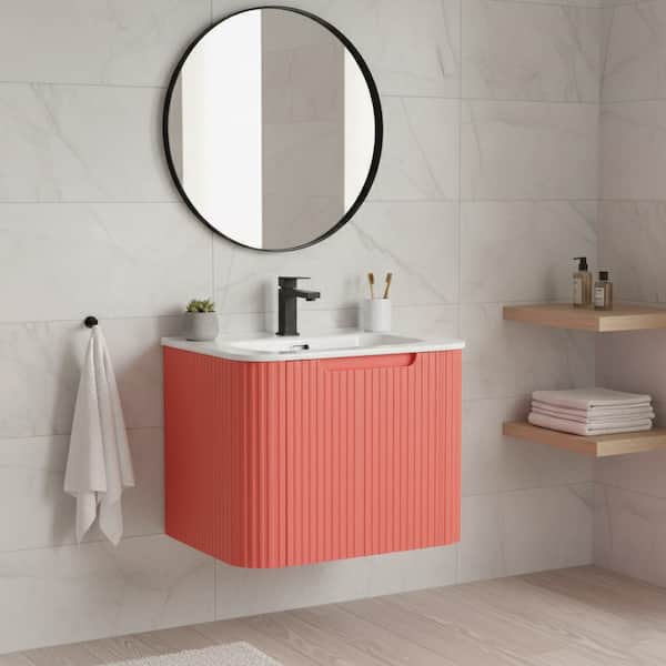Caskvalley 24 in. Floating Bath Vanity in Coral Pink with White Ceramic Sink Top Assembled