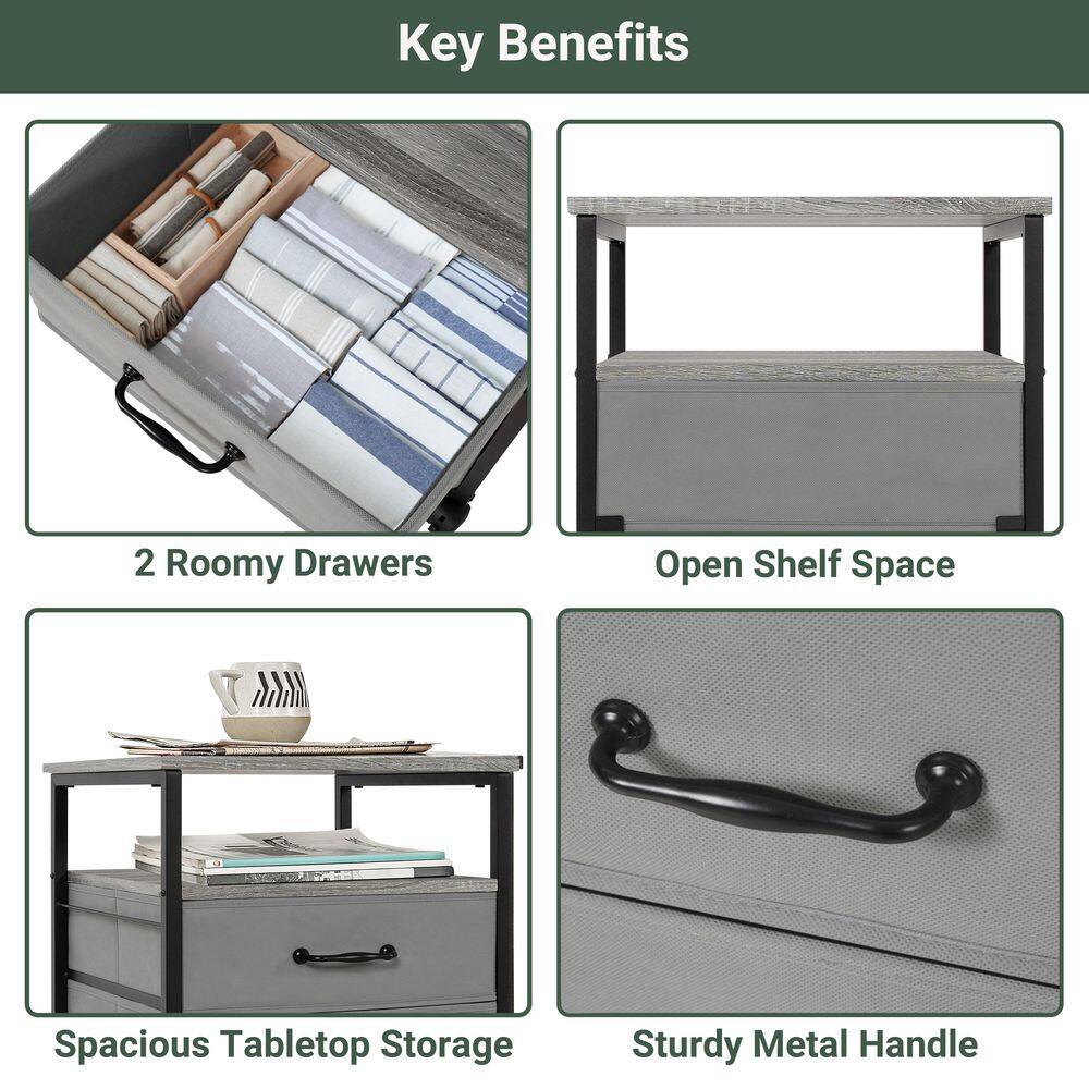 Gray Metal and Wood Rolling 2-Drawer Nightstand