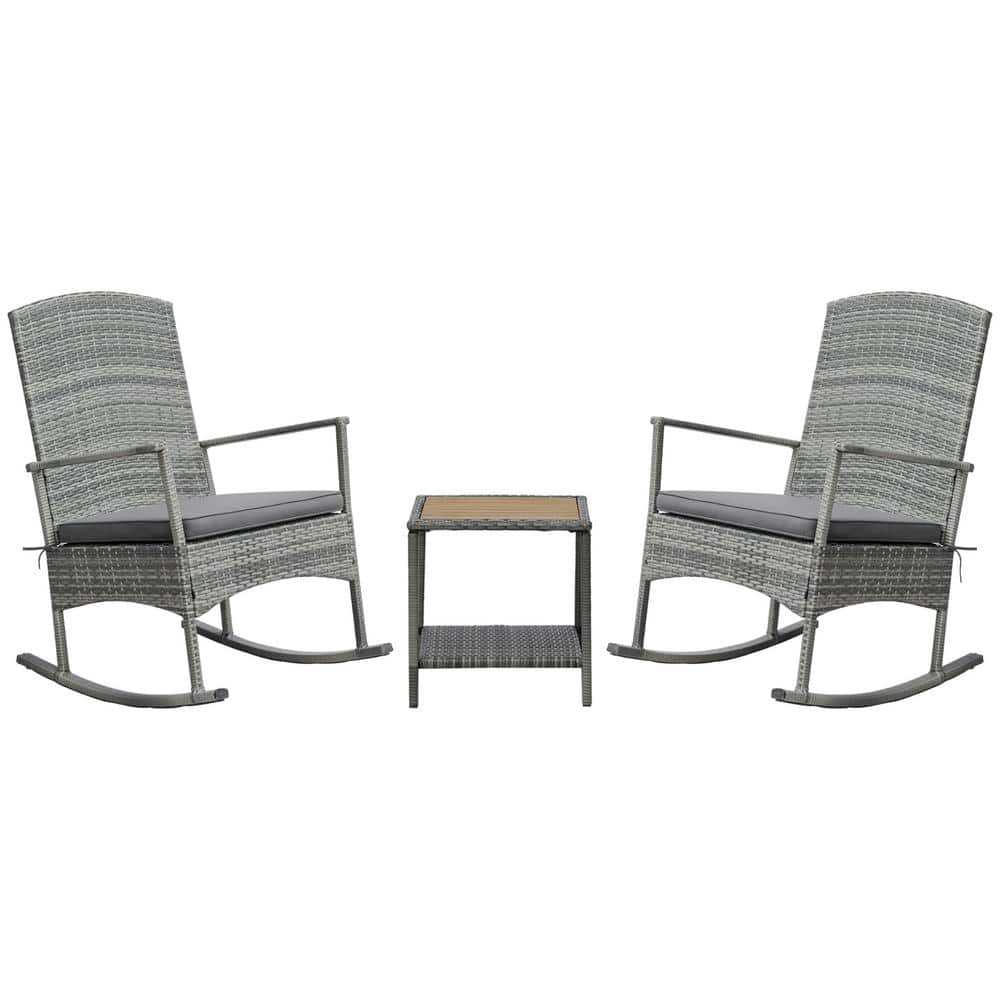 Gray PE Rattan Rocking Chair Set with Cushions and Wood Table