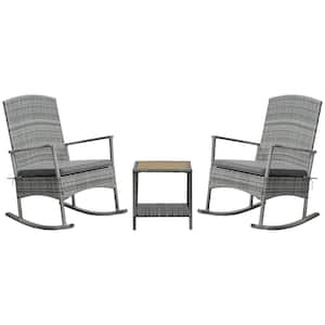 3 Pieces PE Rattan Patio Wicker Outdoor Rocking Chair Set, Recliner Rocker Chair with Soft Grey Cushion and Coffee Table