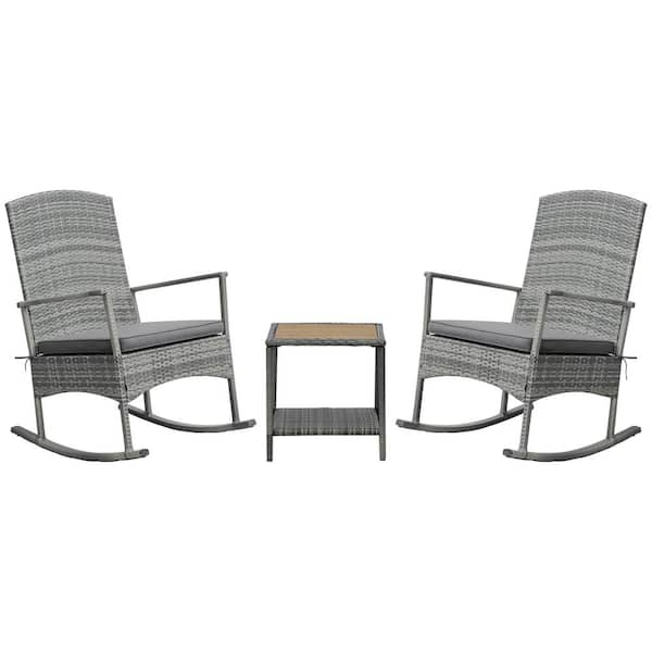 Outsunny 3 Pieces PE Rattan Patio Wicker Outdoor Rocking Chair Set, Recliner Rocker Chair with Soft Grey Cushion and Coffee Table