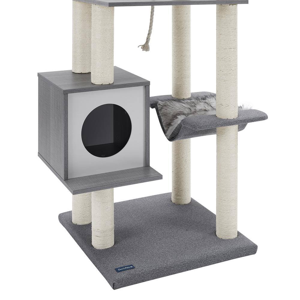 Gray Multi-Tiered Polyester Cat Tree with Hammock and Toys
