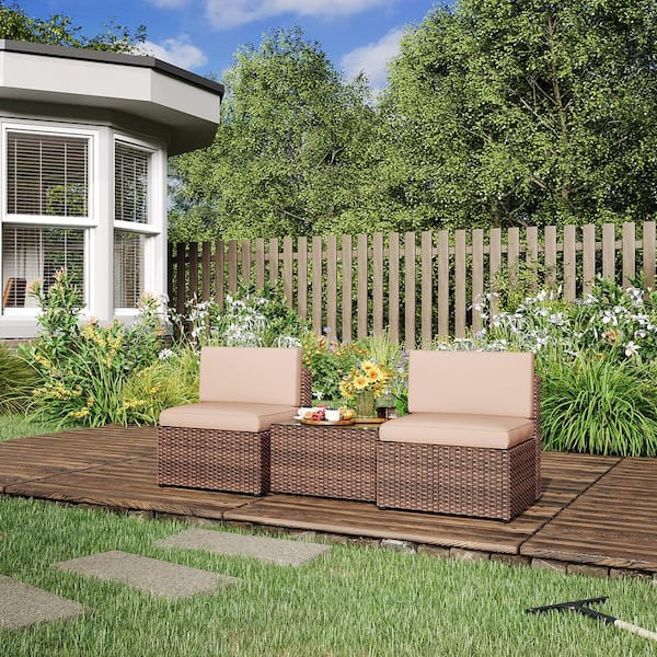 SUNMTHINK 3-Pieces Outdoor Brown Wicker Patio Conversation Set Armless Rattan Sofa with Beige Cushions and Coffee Table