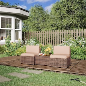 3-Pieces Outdoor Brown Wicker Patio Conversation Set Armless Rattan Sofa with Beige Cushions and Coffee Table