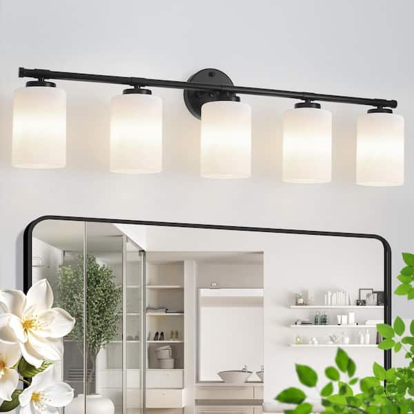 34.6 in. 5-Light Black Vanity Light with White Frosted Glass Shades