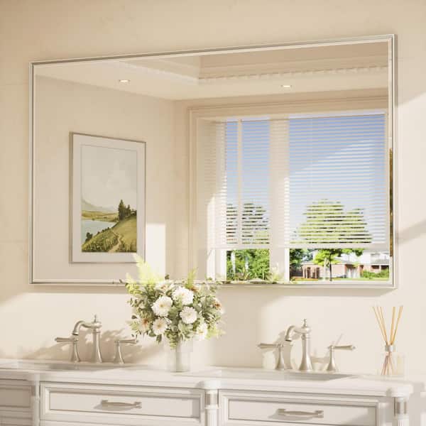 60 in. W x 36 in. H Rectangular Framed Beveled Edge Wall Bathroom Vanity Mirror in Brushed Nickel