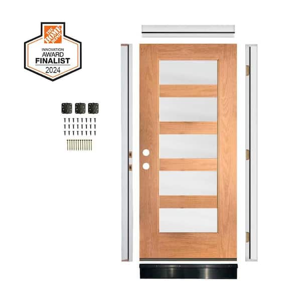 Krosswood Doors DIY RTA Kit 36in.x80in. ASCEND Modern 5 Lite Frosted Glass Right-Hand Teak Stain Fiberglass Ready To Assemble Front Door