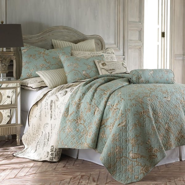Lyon Teal 3-Piece Teal Floral Toile Cotton Full/Queen Quilt Set