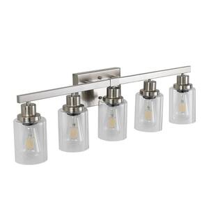 29.9 in. 5-Light Farmhouse Silver Vanity Light Bathroom with Cleat Glass Lampshade Can Mounted Up/Down