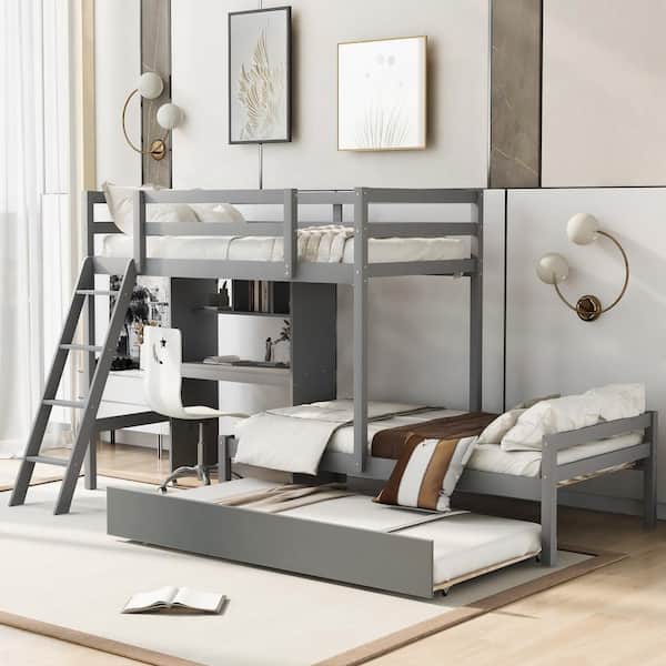 GODEER Gray Twin over Twin Bunk Bed with Convertible Built-in Desk and Down Bed, Trundle and Ladder