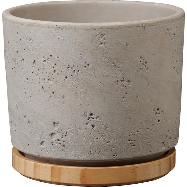 Vigoro Imani 7.5 in. x 7.5 in. D x 6.7 in. H Small Gray Textured Ceramic Pot with Attached Saucer