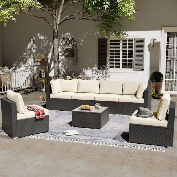 7-Piece Black Wicker Patio Conversation Set with Beige Cushions