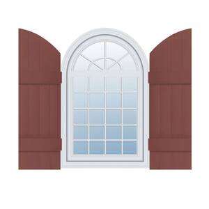 14 in. W x 53 in. H Vinyl Exterior Arch Top Joined Board and Batten Shutters Pair in Burgundy Red