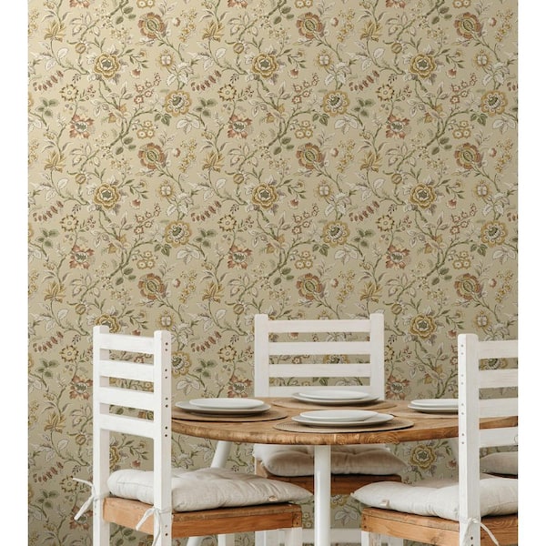 17.08 sq. ft. Latte Jacobean Floral Trail Vinyl Peel and Stick Wallpaper Roll