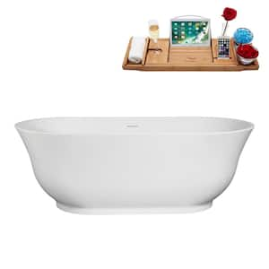 67 in. x 32 in. Acrylic Freestanding Soaking Bathtub in Glossy White With Glossy White Drain, Bamboo Tray