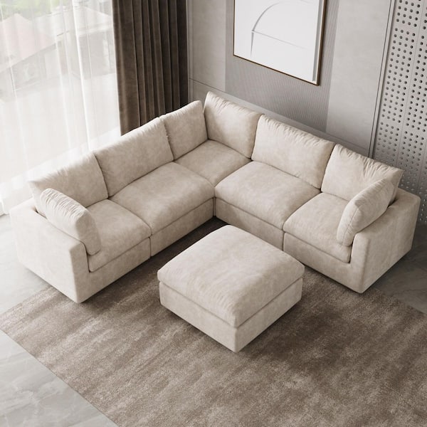 100.5 in. Square Arm 6 Piece Chenille Couch Modular Free Combination Sectional Sofa with Ottoman in Beige